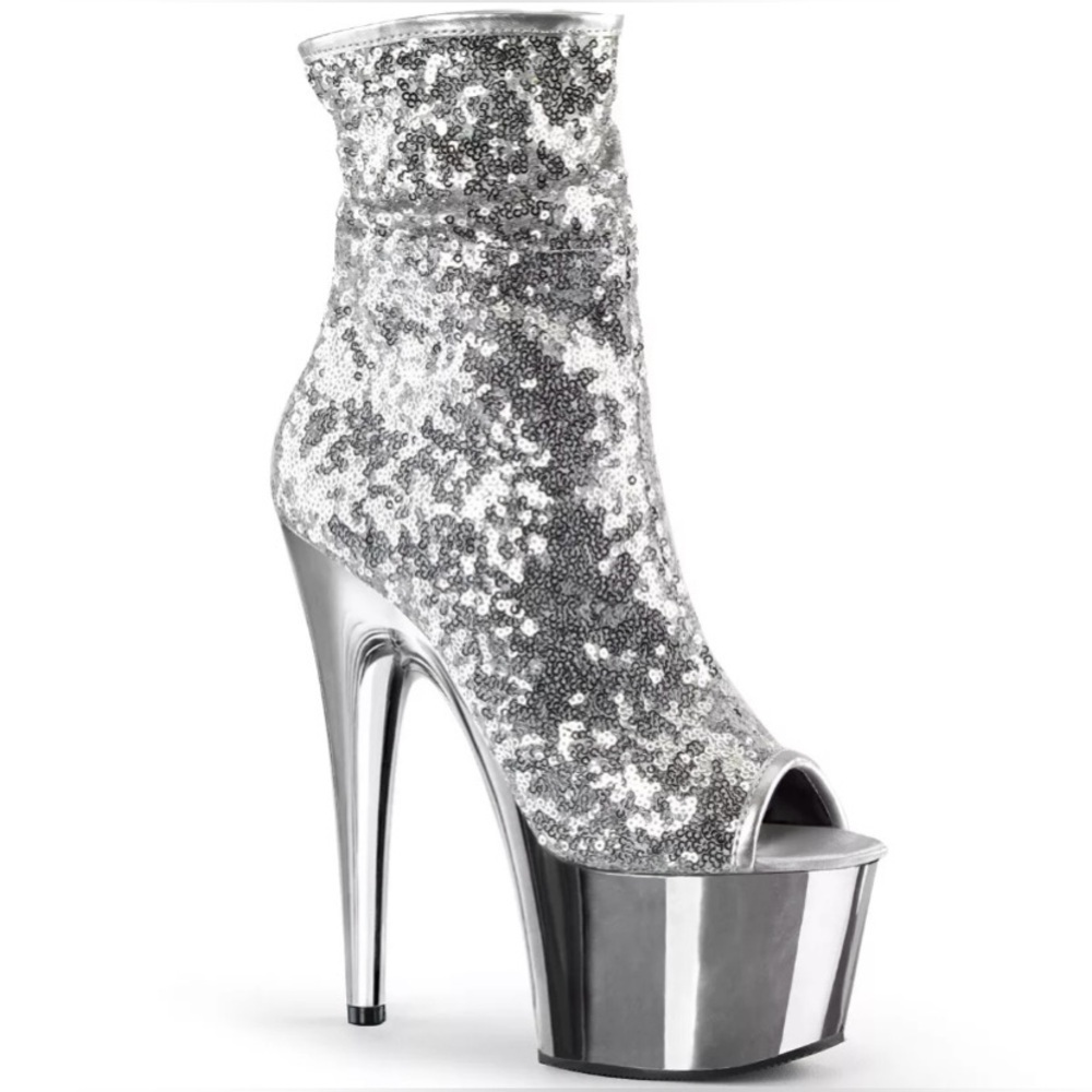 🦋B2G1🦋PLEASER 7" Heel Platform Silver Sequins/Chrome  Peep Toe Side Zip Stiletto